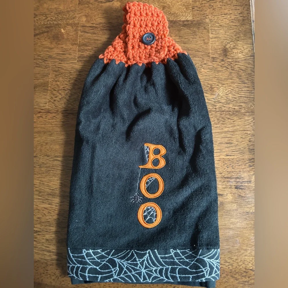 Hand crocheted Halloween black towel with “Boo” embroidery